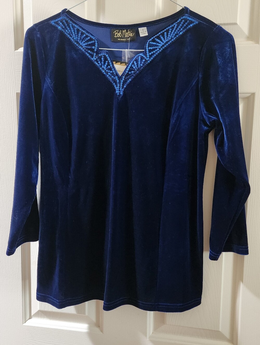 Velvet Look Blue V Neck Sequin & Embroidery Embellishments